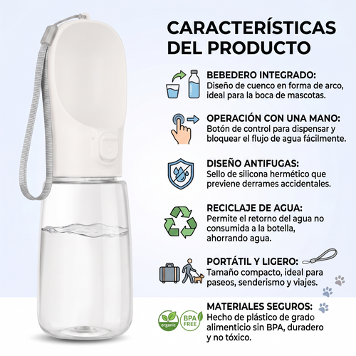 Botella Portátil Multifunción | Bebedero Anti-Goteo 2 en 1 para Mascotas