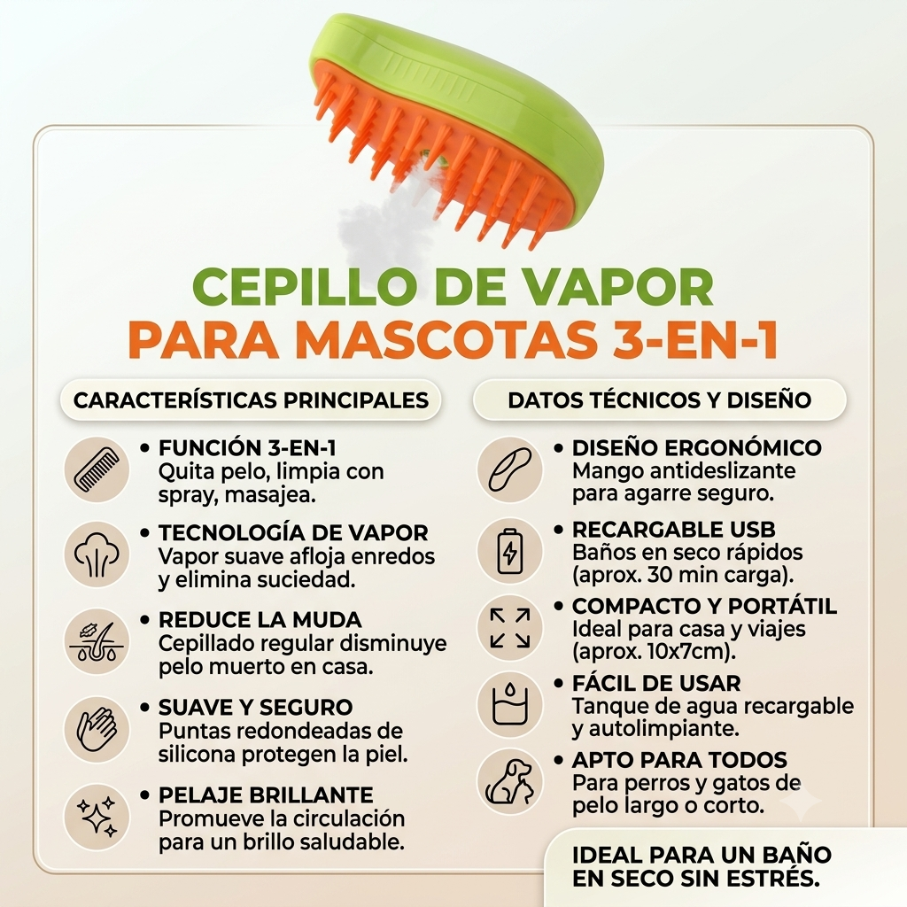 Cepillo de Vapor 4en1 para Mascotas - Desenreda Sin Tirones ni Estrés
